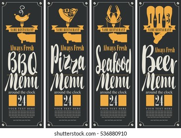 banner for BBQ, pizza, seafood and beer menu in retro style