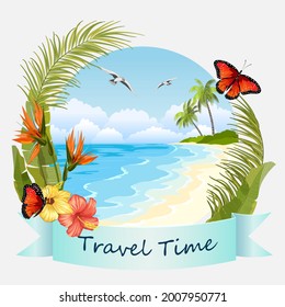 Banner with a beach holiday by the sea.Beach by the sea and tropical plants in color vector illustration.