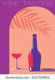 Banner beach party, drinks, alcohol, festival. Vector illustration for restaurant, bottle of red wine, glass, merlot, chardonnay