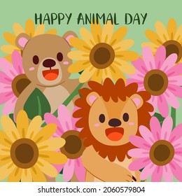Banner with the bear and lion in starburst  in Happy animal day concept, cute cartoon vector illustration