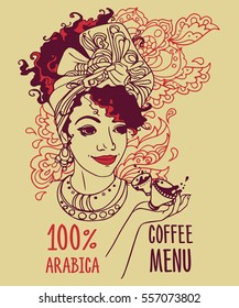 banner with beautiful african american woman and coffee cups, can be used as coffee menu, vector illustration