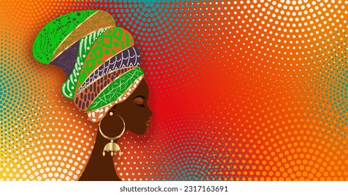 Banner of beautiful African woman  in traditional turban tribal motifs, Kente head wrap, African Traditional black women vector silhouette isolated on colorful Halftone African Print fabric background