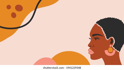 Banner with a beautiful black woman. Female portrait of young African American with beautiful face. portrait. Black beauty Fashion Vector Illustration.