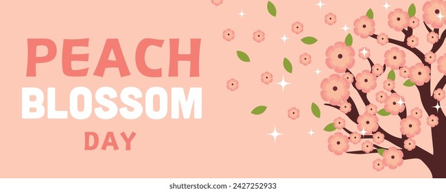 Banner with beautiful drawn blooming tree and text PEACH BLOSSOM