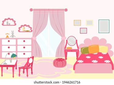 Banner Beautiful Interior Room for Girl, Cartoon. Furniture Room Pink. Delicate Curtains are Hanging on Window. Bed with Headboard form Petals. Paintings on Walls, Toys are on Dresser.