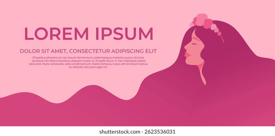 Banner with beautiful long haired woman in flower wreath. Woman with long flowing hair. Vector illustration