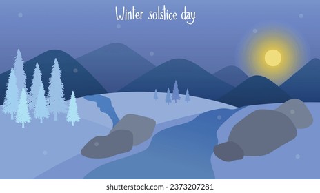 Banner with beautiful mountain landscape and text WINTER SOLSTIC