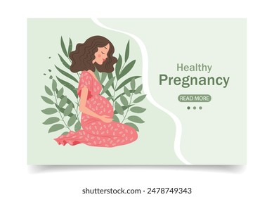 Banner with beautiful pregnant woman, healthy pregnancy and motherhood concept. Illustration, vector