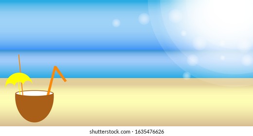A banner with a beautiful seascape, a coconut cocktail with an umbrella in the foreground, the concept of a summer vacation tourism and sales