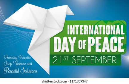 Banner with beautiful white origami dove over greeting sign, promoting some precepts for International Day of Peace this 21st September.