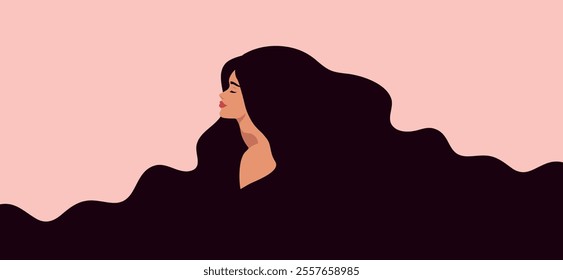 Banner with beautiful woman with long hair in profile. Woman with long flowing hair. Banner for beauty salon, hair salon, Womens Day