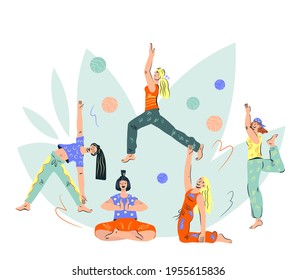 Banner with beautiful women practising various yoga poses, flat vector illustration isolated on white background. Women doing yoga at decorative backdrop of lotus flower.