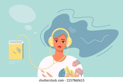 Banner with a beautiful young woman in headphones listening to an audiobook. The girl is listening to a podcast. The concept of online learning lessons. Vector flat illustration for web design