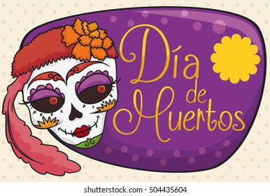 Banner with beauty colorful catrina with feather and marigolds ready to celebrate "Day of the Dead" (in Spanish: "Dia de los Muertos") in Mexico.