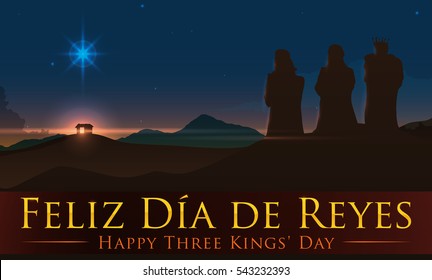 Banner with beauty view of the Three Magi staring at the Bethlehem's star above of the birth place of Jesus with greeting text (in English and Spanish).