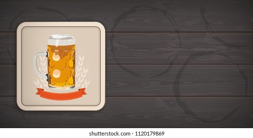 Banner with beer coaster on the dark wooden background.  Eps 10 vector file.