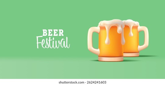 Banner for beer festival. 3D mugs of craft beer with foam. Cool alcoholic refreshing drinks. Celebration, Promotional offer. Vector illustration.