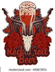 Banner with beer glass for the pub with live music and electric guitar and bull skull and roses