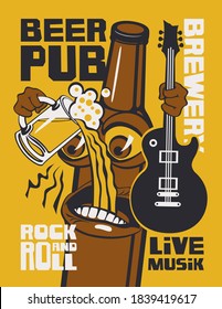 Banner for beer pub with live rock-n-roll music. Vector illustration in a cartoon style with inscriptions and a cheerful bottle of beer that holds a guitar and a full glass of beer