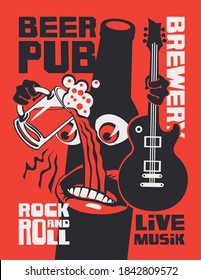 Pancarta de cervecería con música rock-n-roll en vivo. Ilustración vectorial con inscripciones y una botella de cerveza que bebe una cerveza y lleva una guitarra en un estilo plano sobre un fondo rojo