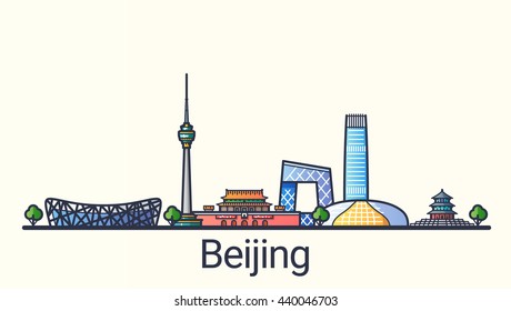 Banner Of  Beijing City In Flat Line Trendy Style. Beijing City Line Art. All Buildings Separated And Customizable.