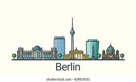 Banner de la ciudad de Berlín en línea plana estilo moderno. Línea de arte de Berlín. Todos los edificios separados y personalizables.