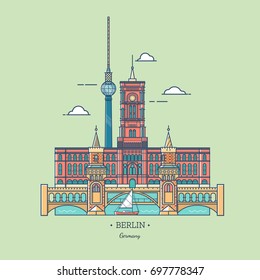 Banner of Berlin city in flat line trendy style.Travel Berlin icon. Tourist attractions in capital of Germany