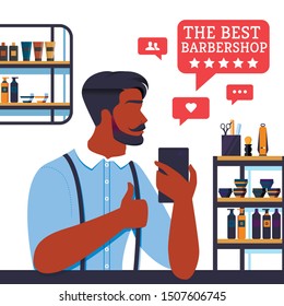 Banner the Best Barbershop Five Stars From Client. Young Bearded and Well-worn Man Visit Barbershop and Rejoices with Result. On Phone Man Photographs and Share in Social Networks Flat.