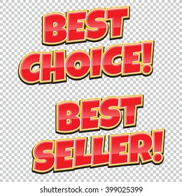 Banner Best Choice and Best Seller set, discount. Bright vector illustration in comic pop art style. Poster can be used for banners, flyers, outdoor printing, web.