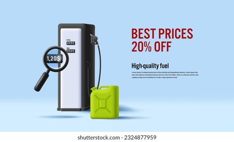 Banner with best price on gas or petrol offer with 3d illustration of gas station with canister and magnifying glass on price
