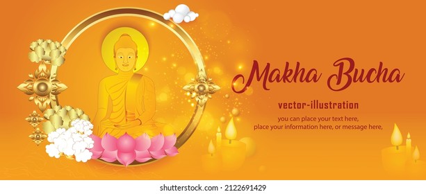 Banner big buddha sitting on pink lotus with Thai pattern religion on yellow vector background - Magha puja day, Vesak day banner, important Buddhism days Thailand culture