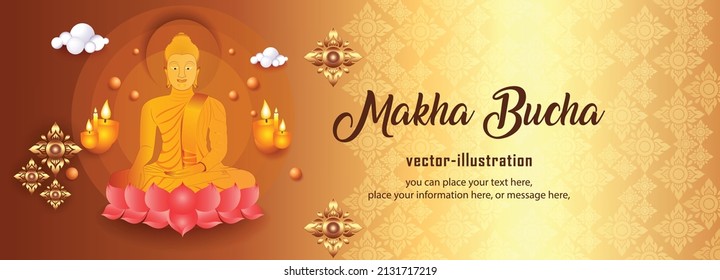 Banner big buddha sitting on pink lotus with Thai pattern religion on yellow vector background - Magha puja day, Vesak day banner, important buddhism days Thailand culture