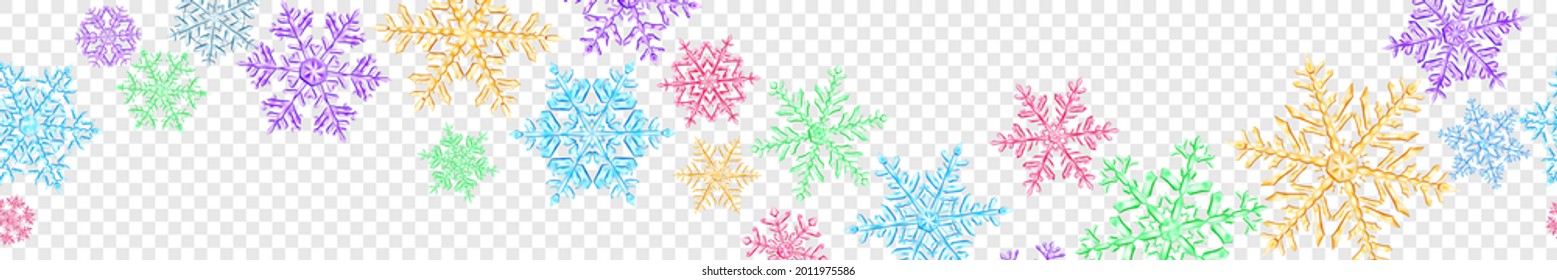 Banner of big complex translucent Christmas snowflakes in various colors, isolated on transparent background. With seamless horizontal repetition. Transparency only in vector format