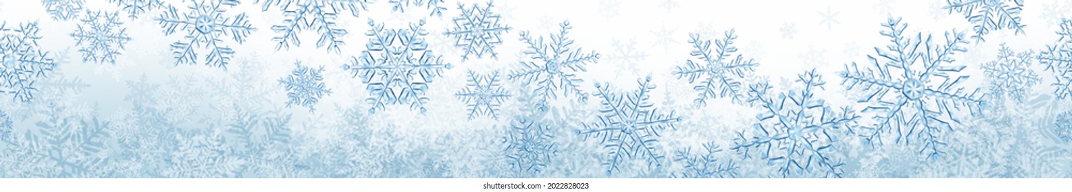 Banner of big complex translucent Christmas snowflakes in gray colors, isolated on transparent background. With seamless horizontal repetition