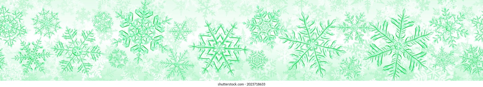 Banner der großen komplexen, transparenten Weihnachtsschneeflocken in hellgrünen Farben einzeln auf transparentem Hintergrund. Mit nahtloser horizontaler Wiederholung