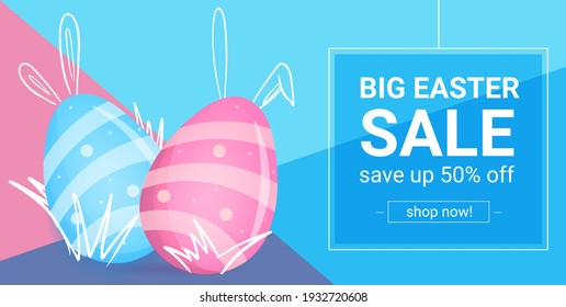 Banner Big easter sale. Save up 50 percentages off. Colorful pink and blue egg with bunny ears.