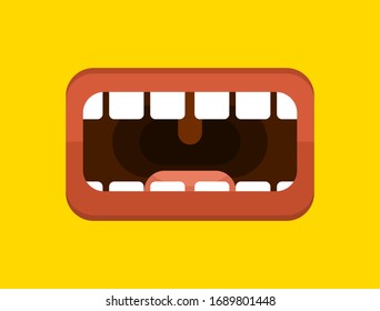 Banner with a big human mouth. Open mouth with tongue and teeth. Screaming or talking person. Vector illustration