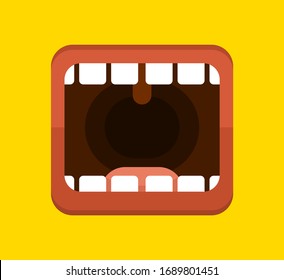 Banner with a big human mouth. Open mouth with tongue and teeth. Screaming or talking person. Vector illustration