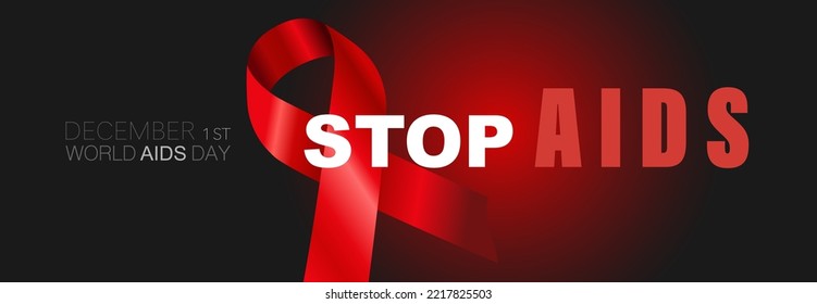 Banner with big red ribbons and text Stop AIDS on black background, hiv awareness concept, world AIDS day, world hypertension day, world cancer day. Vector Illustration