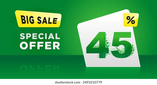 The banner is a big sale. 45% off. Figures with vegetation. Special offer.