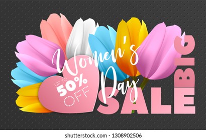 Banner big sale happy women's day. Bright flowers Tulips on black background. Concept for banner, postcards, posters, coupons, promotional material. Vector illustration.