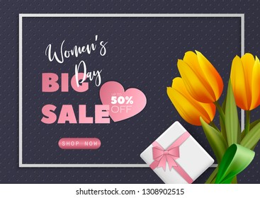 Banner big sale happy women's day. Flowers Tulips and gift box on black background. Concept for banner, postcards, posters, coupons, promotional material. Vector illustration.