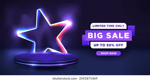 The banner is a big sale with a podium and a neon star.