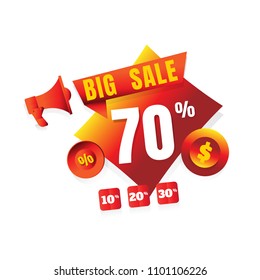 Banner Big Sale Sticker Isolated, discount 70% labels. Vector. on white background