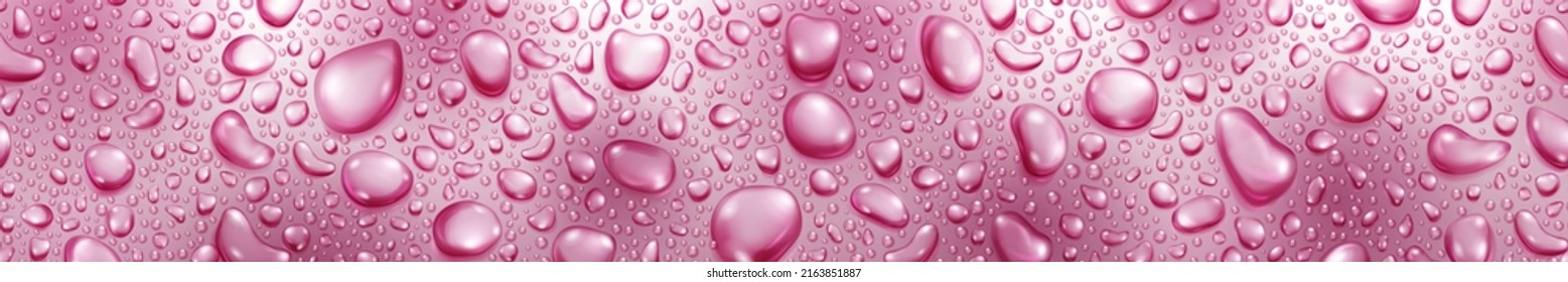 Banner de gotas de agua grandes y pequeñas realistas en colores rosados, con repetición horizontal sin fisuras