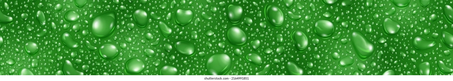 Banner of big and small realistic water drops in green colors, with seamless horizontal repetition