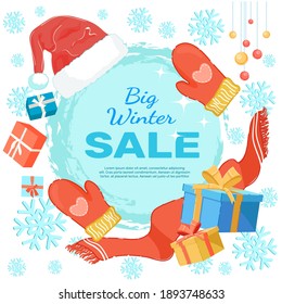 Banner for Big Winter Sale with Copy Space for Extra Text. Huge Snowball with Red Mittens, Warm Scarf, Santas Hat, and Gift Boxes Against Background with Snowflakes and Glass Ornamental Balls.