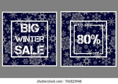 Banner Big winter sale on pattern background with snowflakes. Design for christmas discount period.