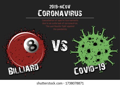 Banner billiard vs covid-19 made of blots. Billiard ball against coronavirus sign. Cancellation of sports tournaments. Pattern design. The worldwide fight against the pandemic. Vector illustration