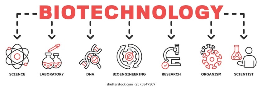 Banner of biotechnology web vector illustration concept with icons of science, laboratory, dna, bioengineering, research, organism, scientist